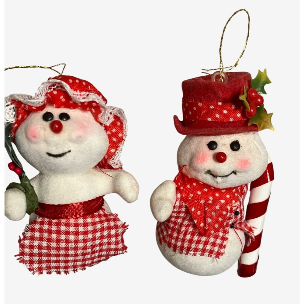 Vintage Flocked Felt Snowman Snow Lady Ornament Set
